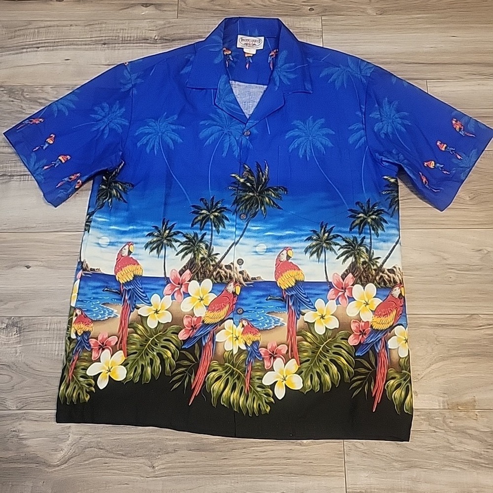 Pacific Legend Hawaiian Shirt Allover Print Parrot Tropical USA Made L Mens VGT